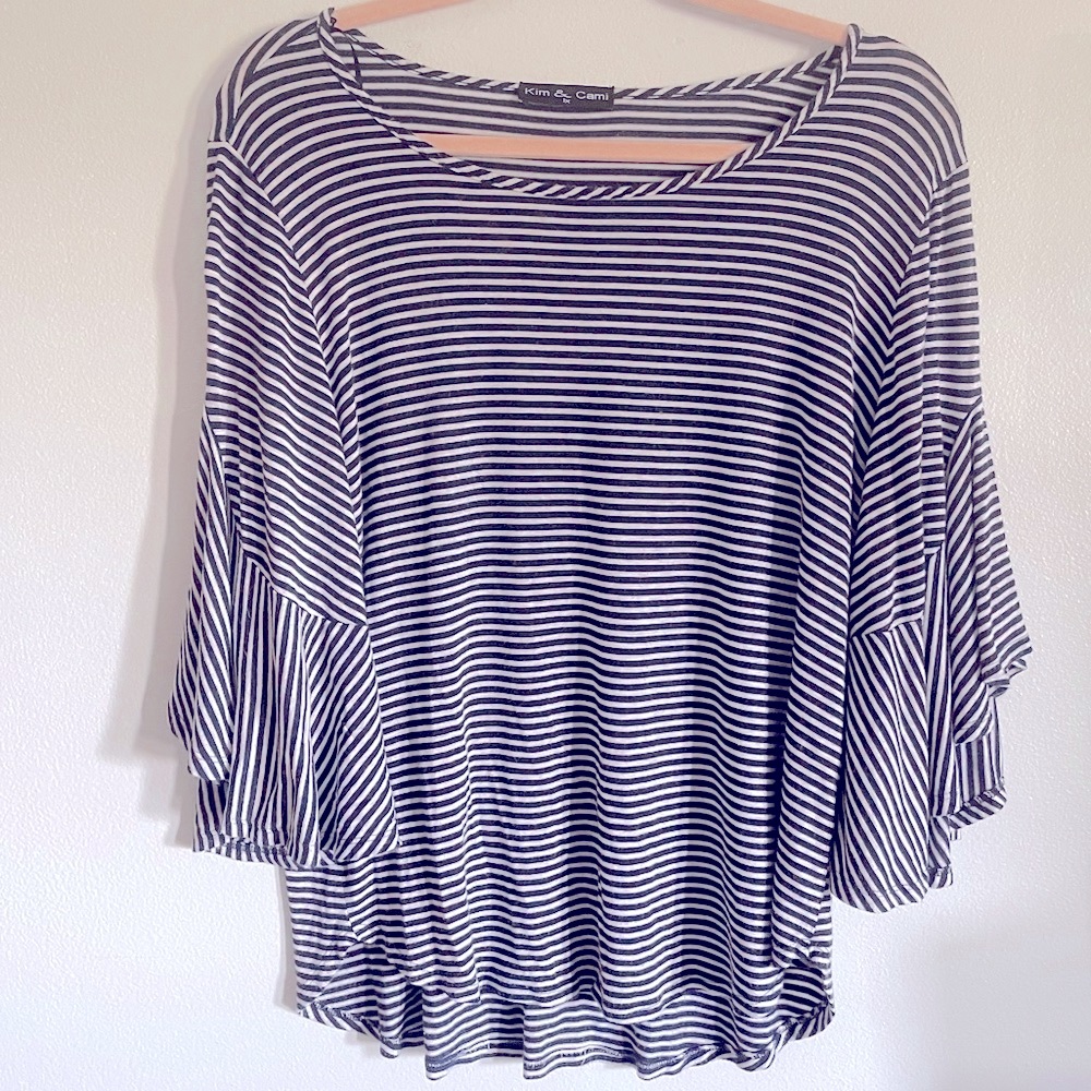 Kim & Cami Striped Bell Sleeve Shirt Navy Blue & White 1X